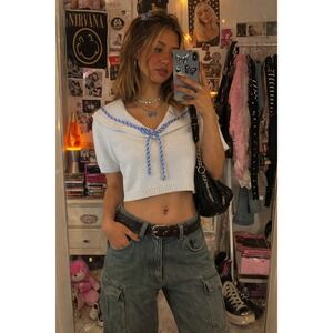 Susan Bristol Vintage 1990 Sailor Collar Sweater White Blue Embroidered Large